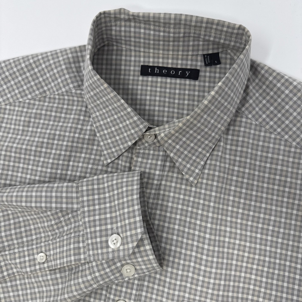 Theory Mens Grey White Gingham Check Cotton Button Down Shirt Large